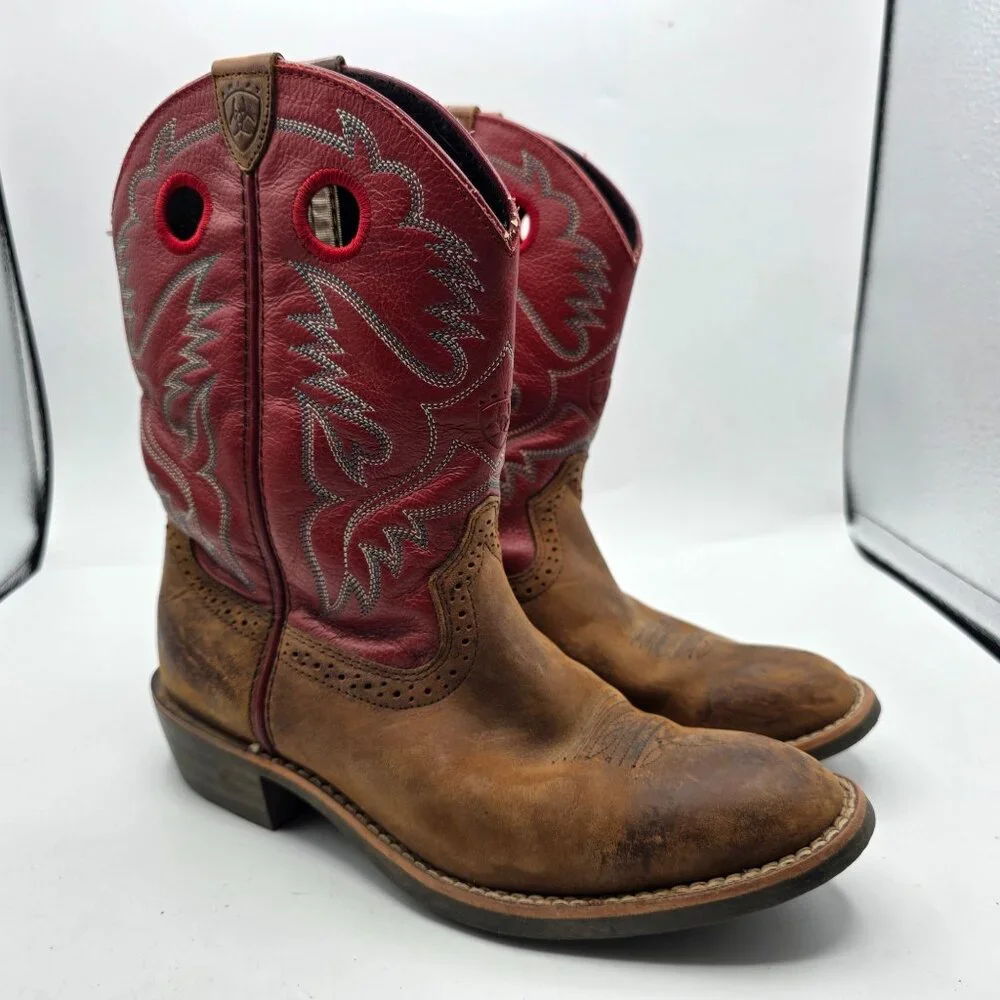 Ariat Heritage Roughstock Kids Size 3 Brown Red Western Leather Boots Casual - Picture 1 of 13